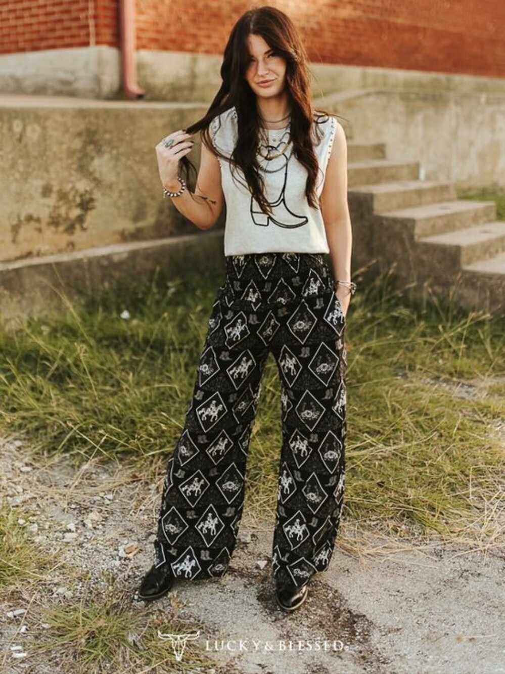 Lucky & Blessed Black Western Horse Bronco Smocked Wide Leg Pants M
